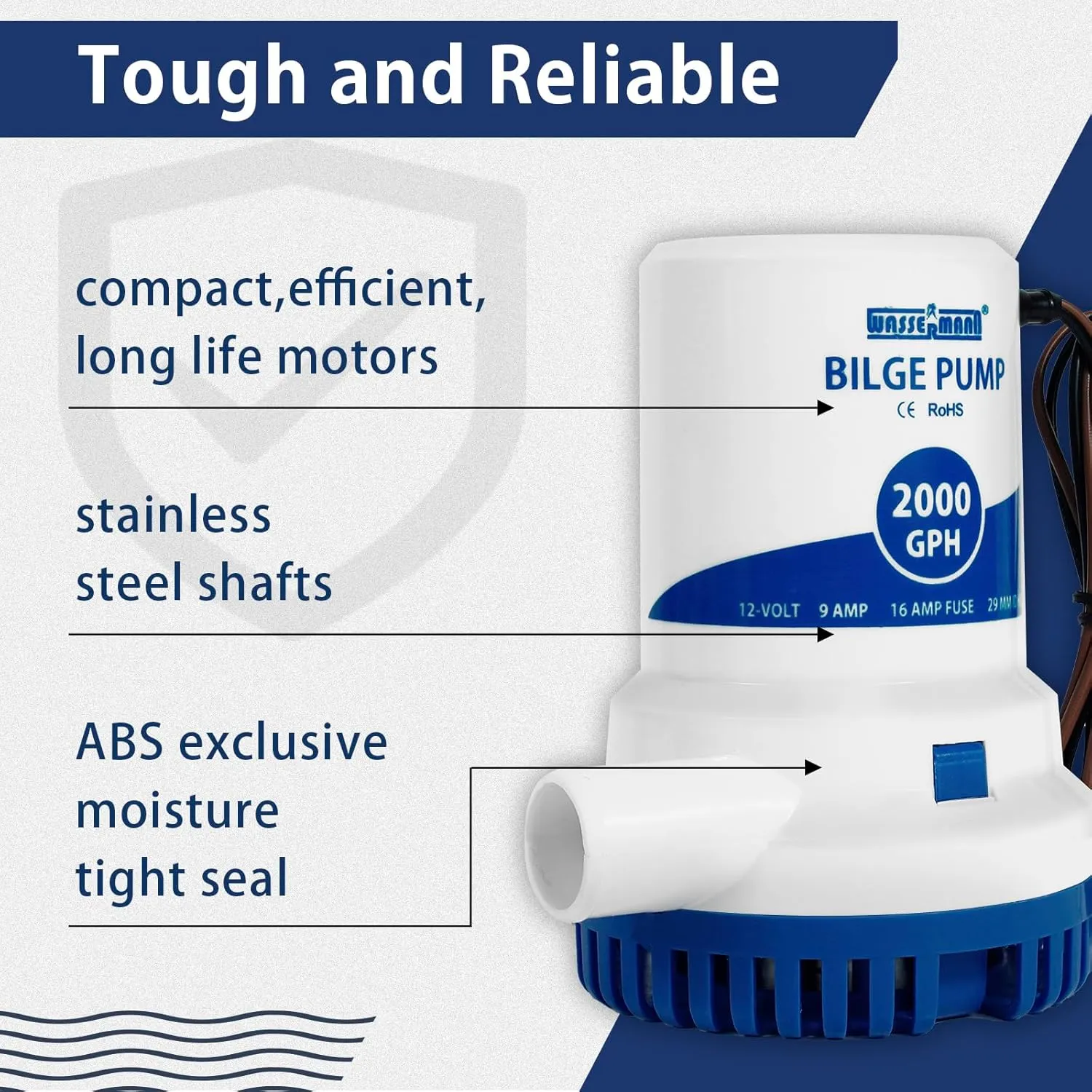 WASSERMANN 2000GPH Bilge Pump 12V, Heavy-Duty Marine Submersible Bilge Water Pumps for Boats with Long Power Cord and Anti-Airlock Protection for Continuous Reliable Operation