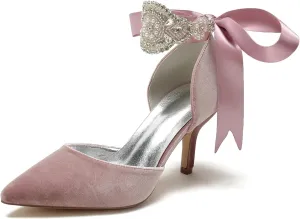 Wedding Bridal Pointed Toe Womens High Heel Shoes Ankle Buckle Pumps Rhinestones Heeled Bowknot Court Sandals Evening Party Dress,Pink,10