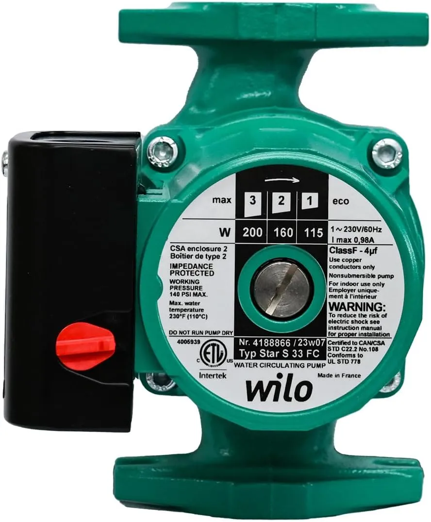 Wilo Star S33 FC 4188866 - Three Speed 230-Volt Circulating Pump Circulator for Water and Glycol infloor Radiant Floor Heating System