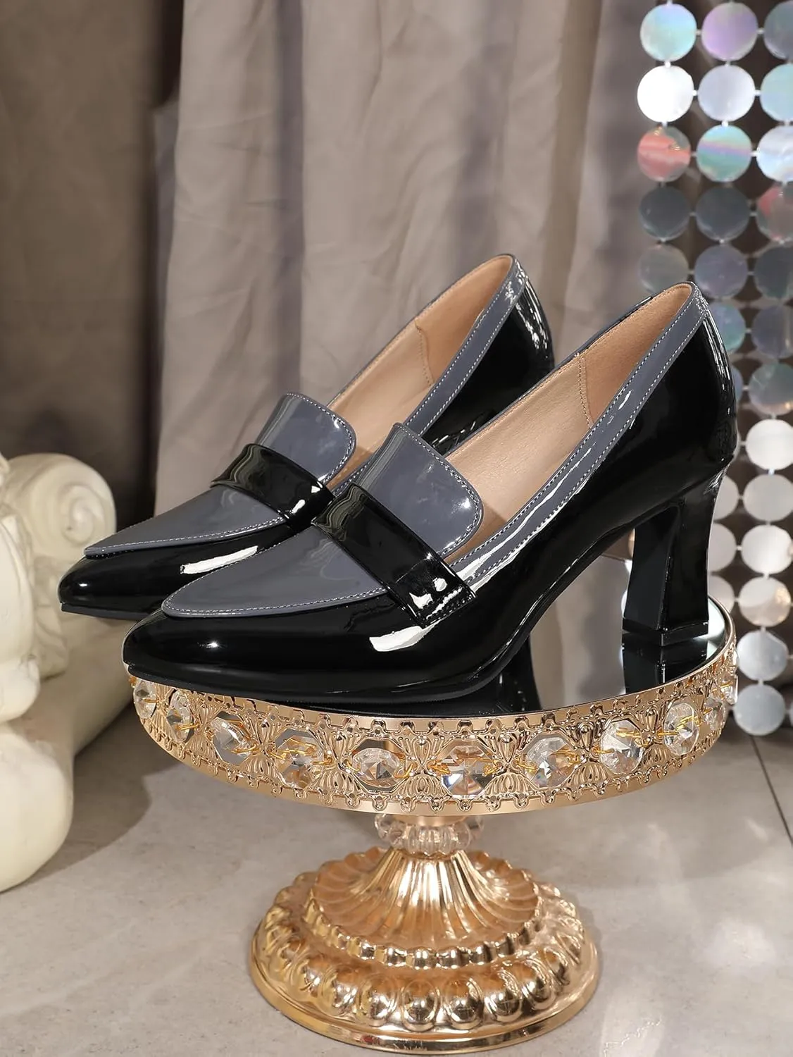 Woman's Slip On Mid Heel Loafer Pumps Closed Pointed Toe Chunky Block Heels Two Tone Patent Leather Dress Loafers Shoes for Women Ladies Work Business 2.95"