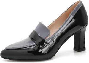 Woman's Slip On Mid Heel Loafer Pumps Closed Pointed Toe Chunky Block Heels Two Tone Patent Leather Dress Loafers Shoes for Women Ladies Work Business 2.95"