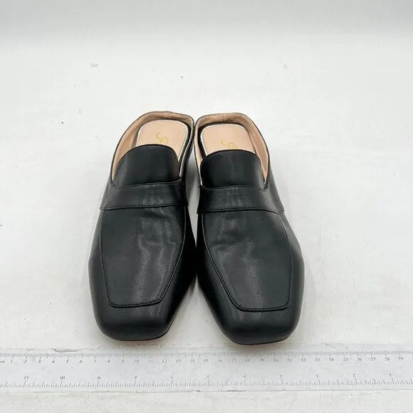 Women Luxury Leather Mules, Closed Square Toe Loafer, Med Chunky Heel Backless