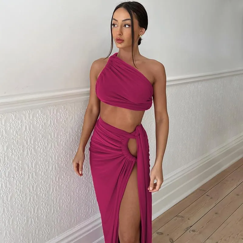 Women's 2 Piece Dress Sexy Y2k Strapless Crop Top High Slit Skirt Bodycon Maxi Long Skirt Suit Night Out Dress Sets