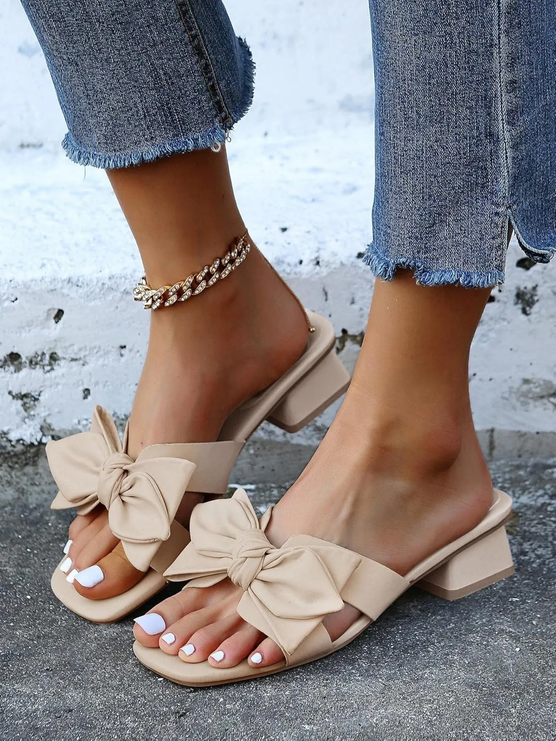Womens Bow Dressy Low Heel Sandals Slides Summer Chunky Block Heeled Open Toe Mules Slip on Slippers Shoes