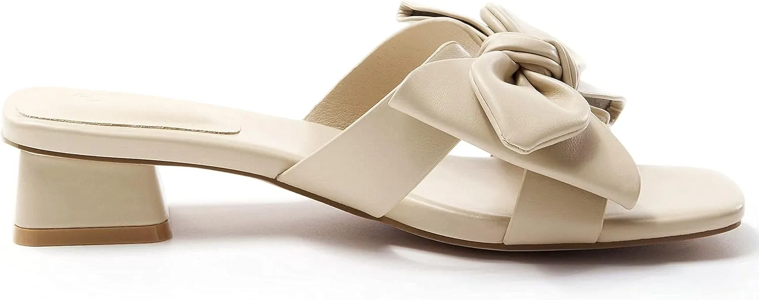 Womens Bow Dressy Low Heel Sandals Slides Summer Chunky Block Heeled Open Toe Mules Slip on Slippers Shoes
