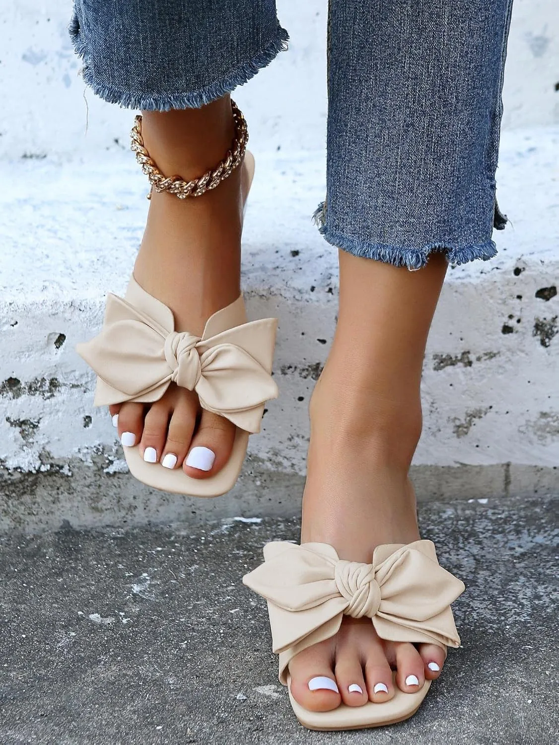 Womens Bow Dressy Low Heel Sandals Slides Summer Chunky Block Heeled Open Toe Mules Slip on Slippers Shoes