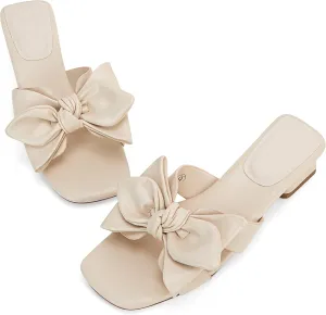 Womens Bow Dressy Low Heel Sandals Slides Summer Chunky Block Heeled Open Toe Mules Slip on Slippers Shoes