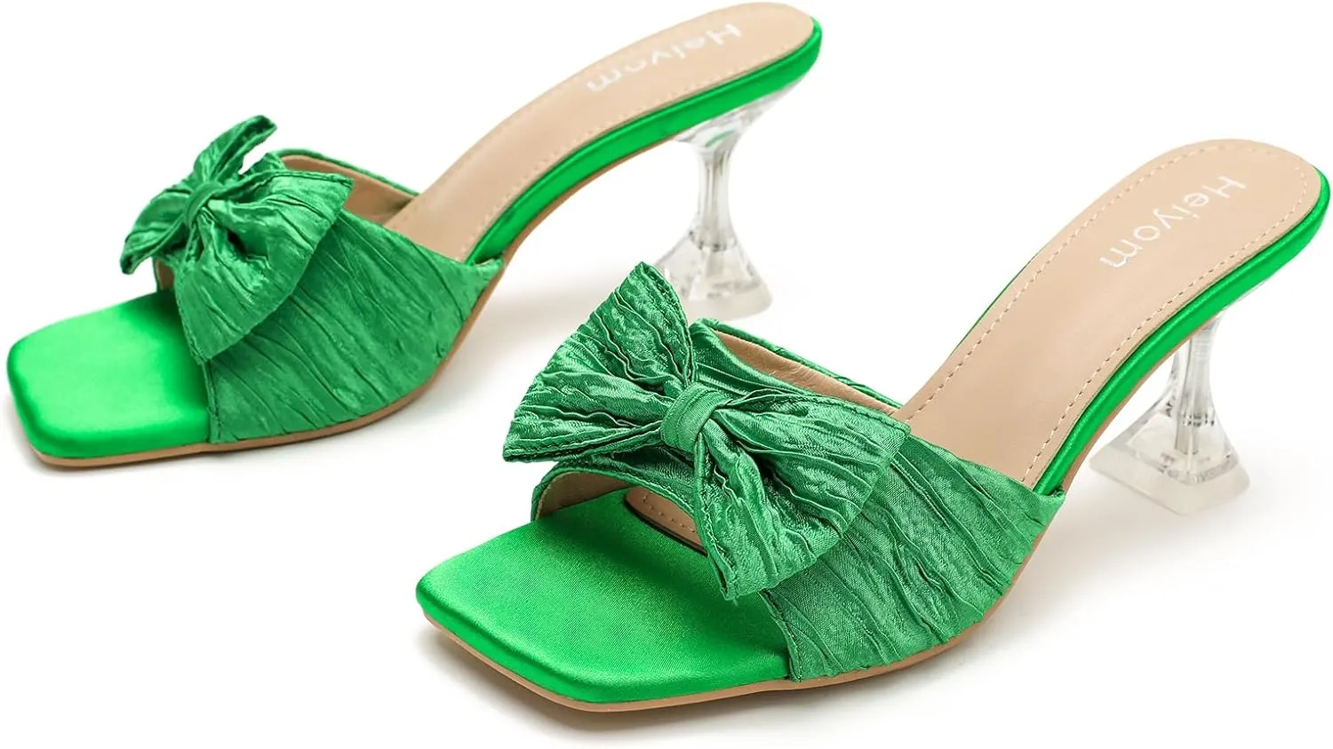 Women's Bowknot Heeled Sandals Square Toe Pleated Bow Heels Slippers Stilettos Mules Slip on Wedding Party Dress Shoe