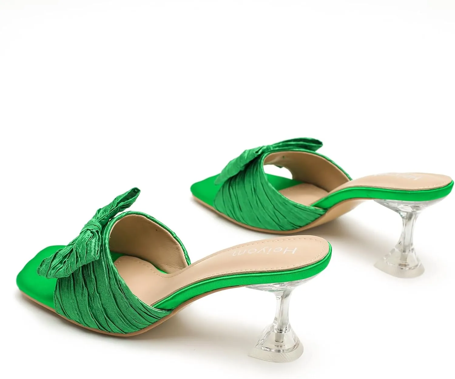 Women's Bowknot Heeled Sandals Square Toe Pleated Bow Heels Slippers Stilettos Mules Slip on Wedding Party Dress Shoe