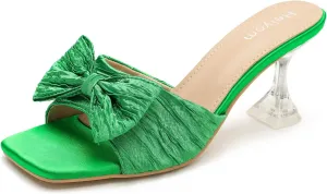 Women's Bowknot Heeled Sandals Square Toe Pleated Bow Heels Slippers Stilettos Mules Slip on Wedding Party Dress Shoe