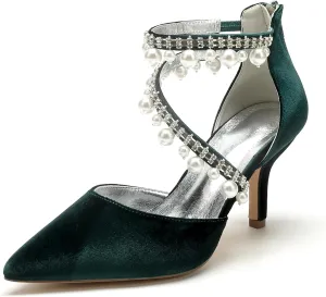 Womens Bridal Shoes Pointed Toe Wedding Shoes High Heel Beaded Pumps Heeled Ankle Buckle Court Sandals Evening Party Dress Stiletto,Dark Green,10