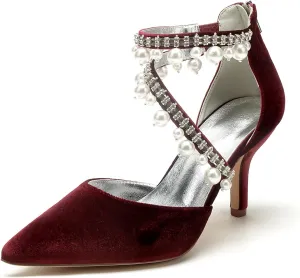 Womens Bridal Shoes Pointed Toe Wedding Shoes High Heel Beaded Pumps Heeled Ankle Buckle Court Sandals Evening Party Dress Stiletto,Wine red,10