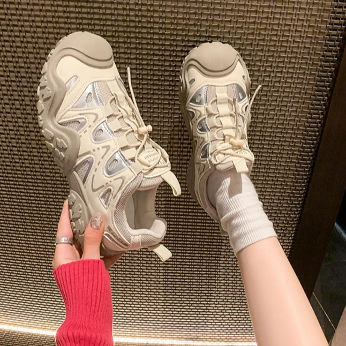 Women’s Chunky Dad Sneakers – Fashion Platform Mesh Trainers with Leather Patchwork, Breathable Lace-Up Sports Shoes for Spring & Fall