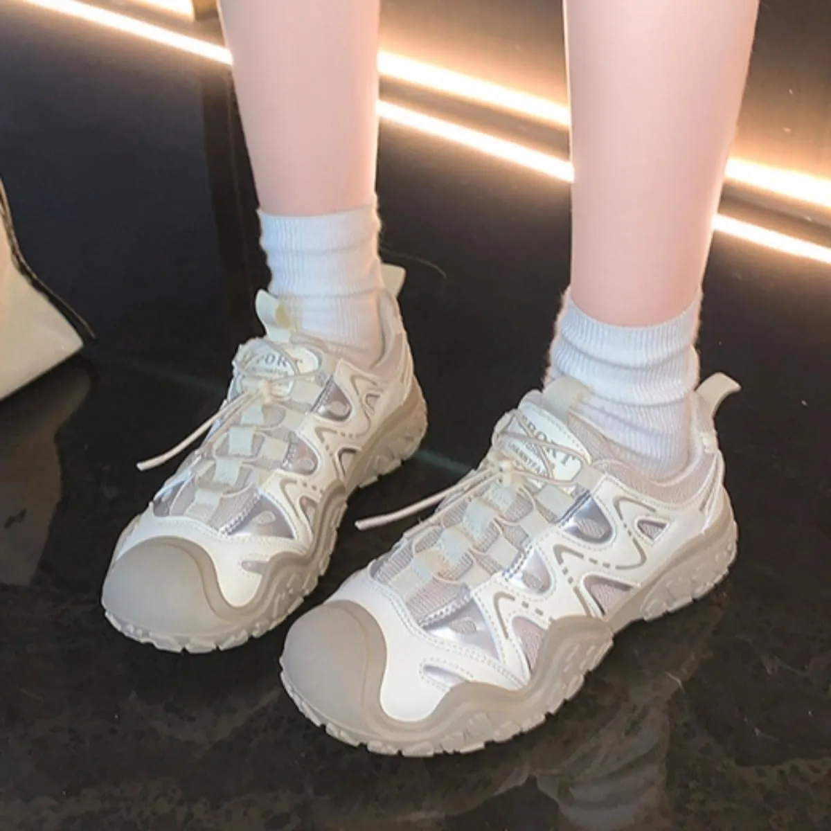Women’s Chunky Dad Sneakers – Fashion Platform Mesh Trainers with Leather Patchwork, Breathable Lace-Up Sports Shoes for Spring & Fall