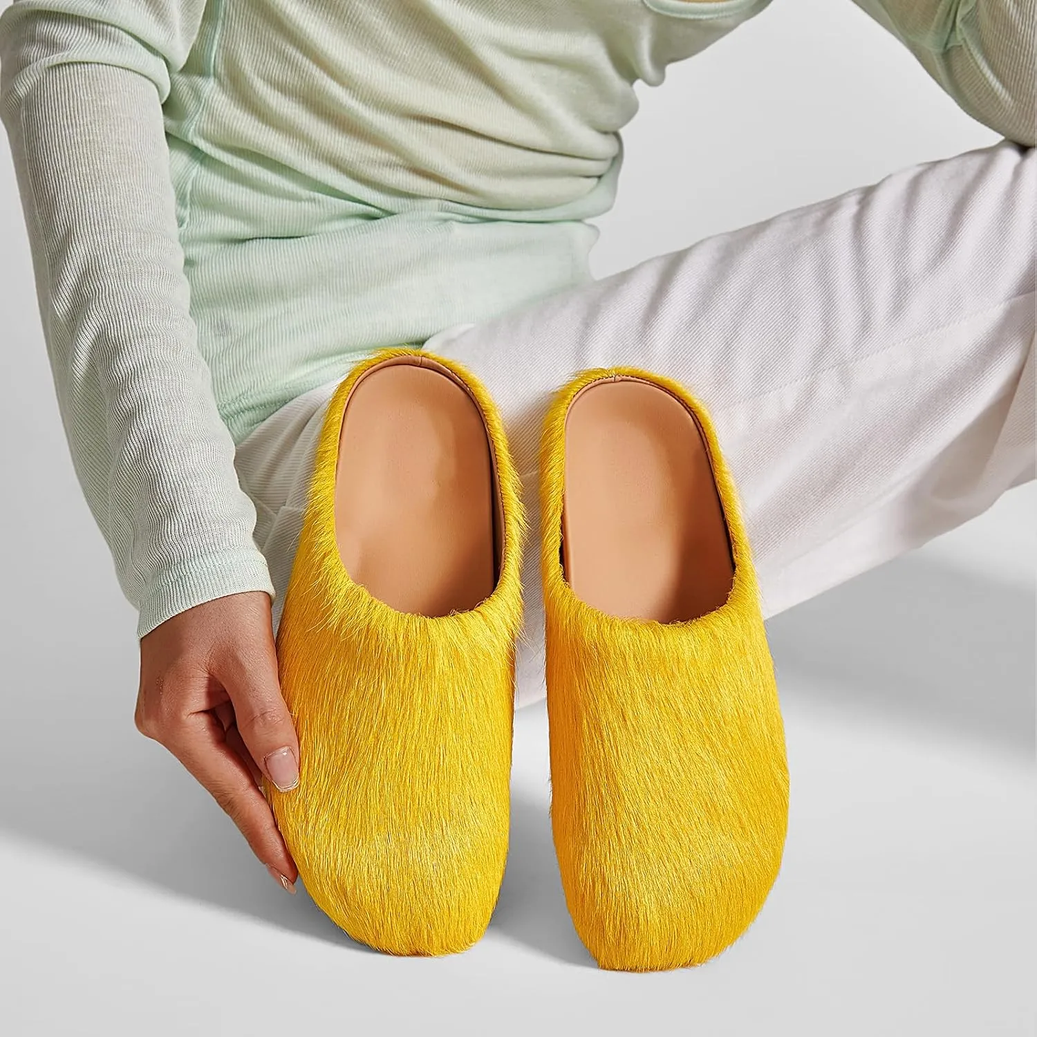 Womens Faux Fur Slide Slippers Sandals Closed Round Toe Slip-On Platform House Flat Mules