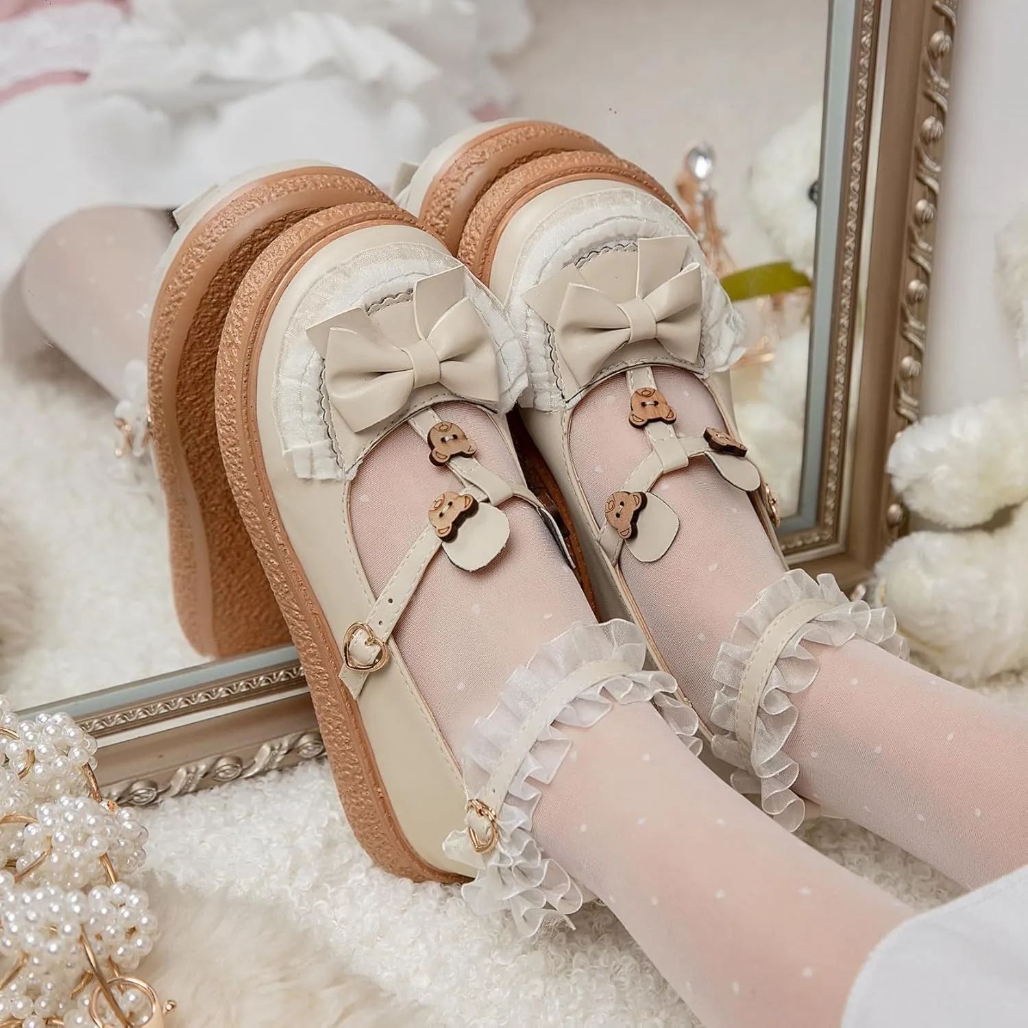 Women's Kawaii Mary Janes Flats, School Cute Mary Jane Shoes, Lolita Low Wedge Platform Heels Pump