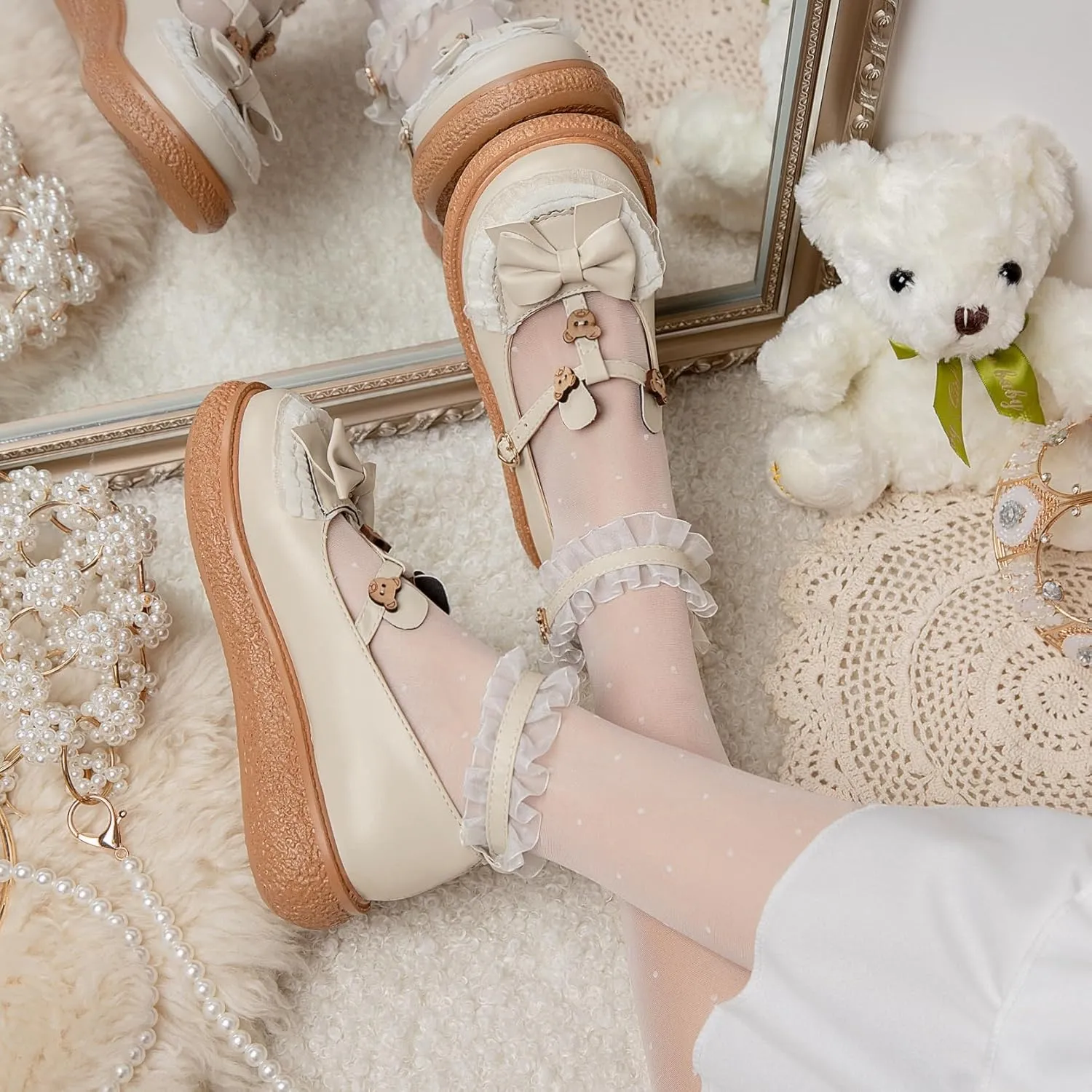 Women's Kawaii Mary Janes Flats, School Cute Mary Jane Shoes, Lolita Low Wedge Platform Heels Pump