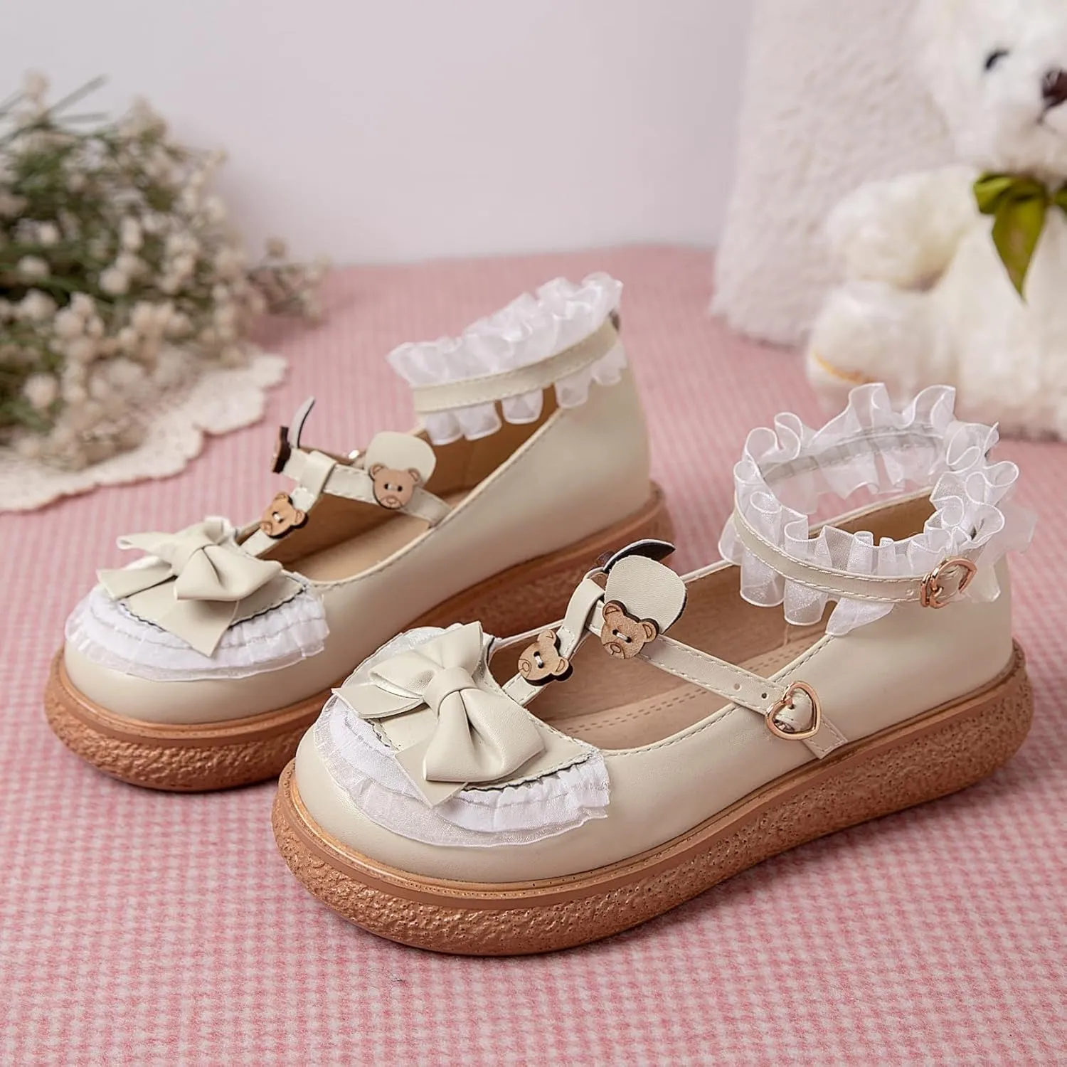 Women's Kawaii Mary Janes Flats, School Cute Mary Jane Shoes, Lolita Low Wedge Platform Heels Pump