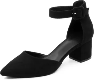 Women's Low Block Heels Chunky Closed Toe Pump Shoes with Ankle Strap