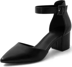 Women's Low Block Heels Chunky Closed Toe Pump Shoes with Ankle Strap