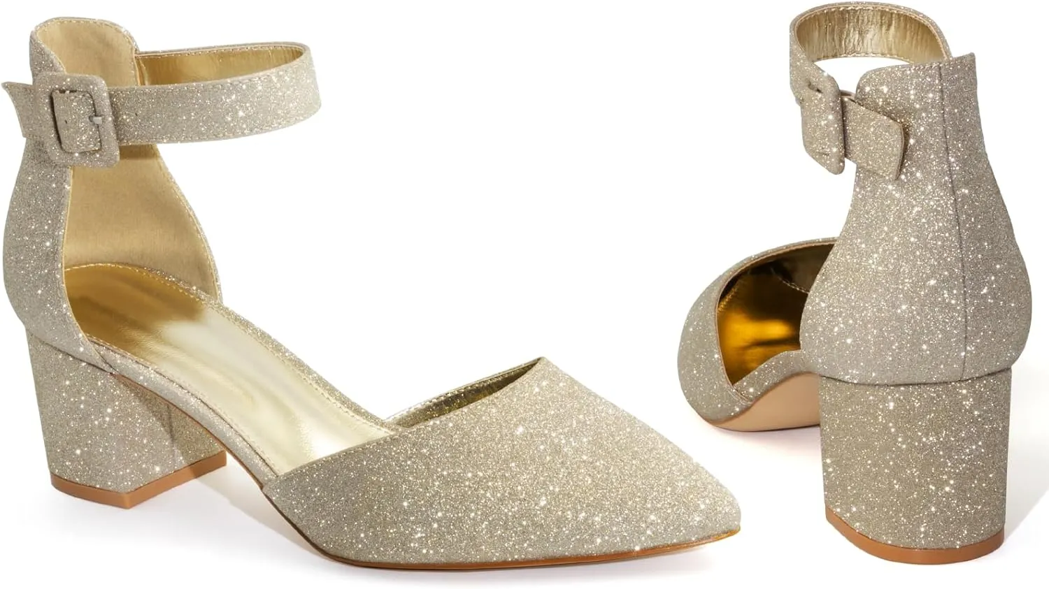 Women's Low Block Heels Chunky Closed Toe Pump Shoes with Ankle Strap