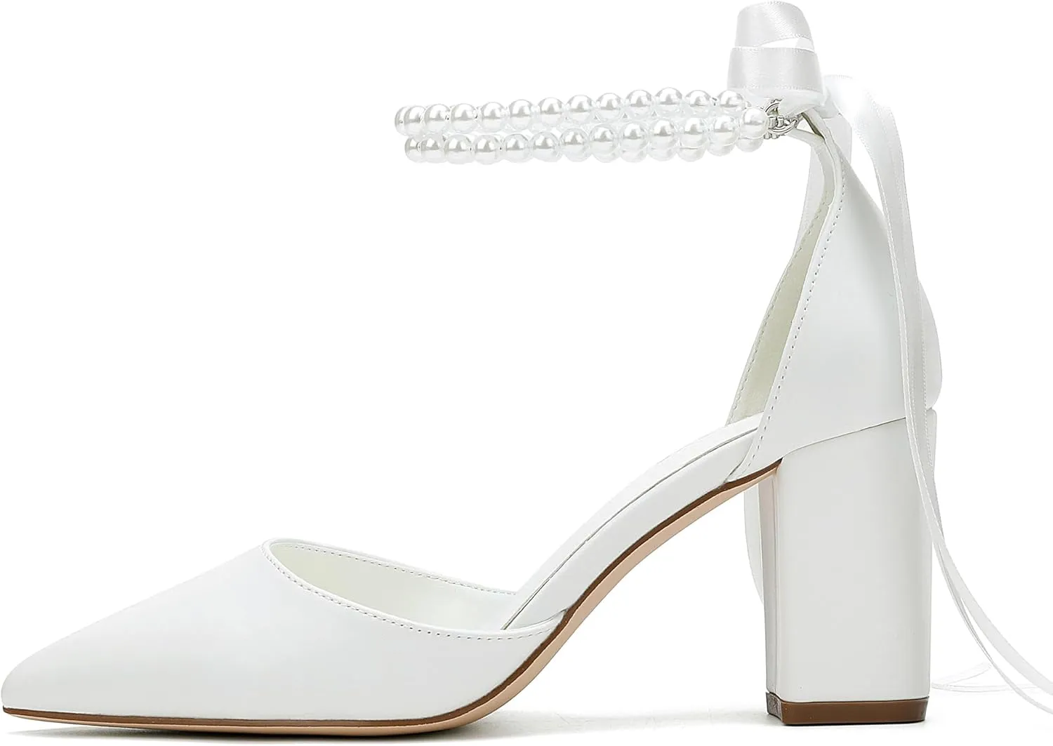 Women's Open Toe Block Heel Pearl Wedding Shoes for Bride Chunky Heeled Sandals Bridal Shoes Pumps