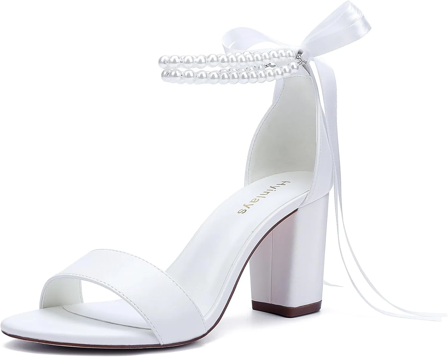 Women's Open Toe Block Heel Pearl Wedding Shoes for Bride Chunky Heeled Sandals Bridal Shoes Pumps