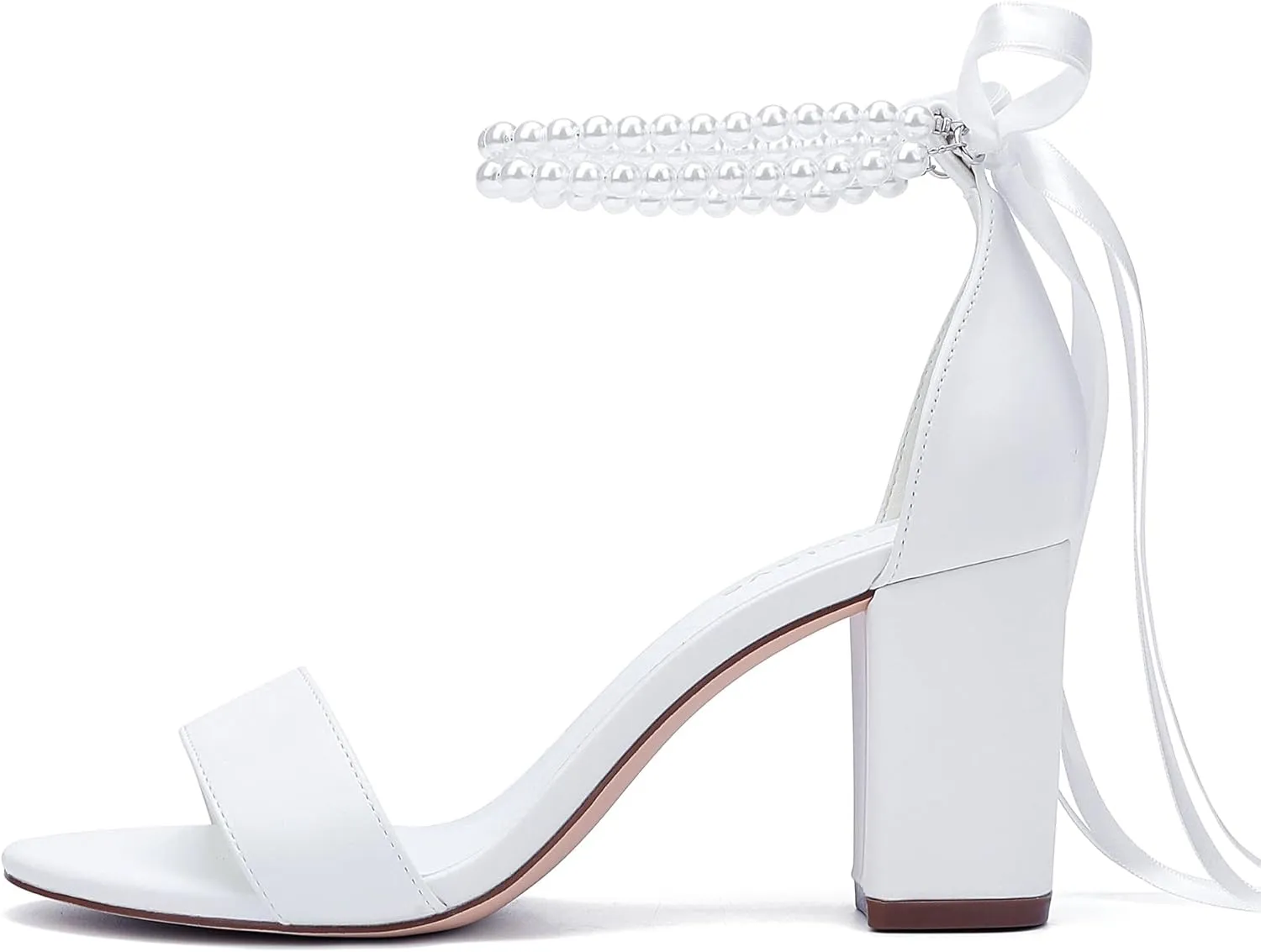 Women's Open Toe Block Heel Pearl Wedding Shoes for Bride Chunky Heeled Sandals Bridal Shoes Pumps