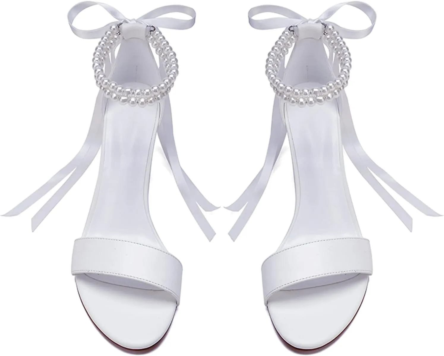 Women's Open Toe Block Heel Pearl Wedding Shoes for Bride Chunky Heeled Sandals Bridal Shoes Pumps