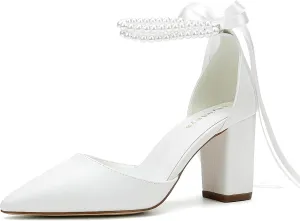 Women's Open Toe Block Heel Pearl Wedding Shoes for Bride Chunky Heeled Sandals Bridal Shoes Pumps