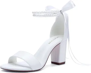 Women's Open Toe Block Heel Pearl Wedding Shoes for Bride Chunky Heeled Sandals Bridal Shoes Pumps