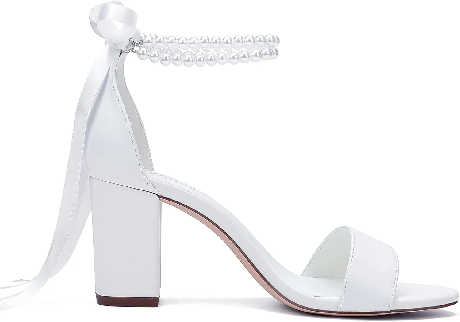 Women's Open Toe Block Heel Pearl Wedding Shoes for Bride Chunky Heeled Sandals Bridal Shoes Pumps