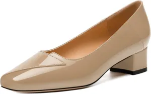 Womens Pumps, Low Chunky Block Heels for Women, Square Toe Womens Dress Shoes for Party and Office, Patent Dress Pumps