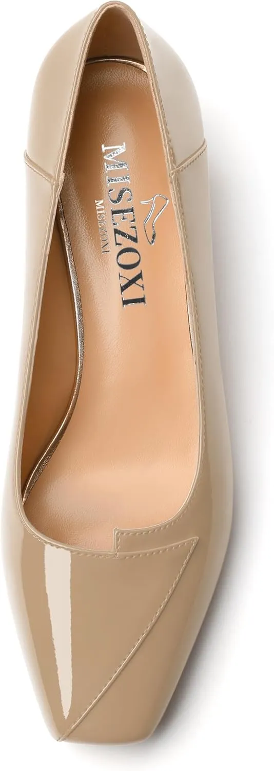 Womens Pumps, Low Chunky Block Heels for Women, Square Toe Womens Dress Shoes for Party and Office, Patent Dress Pumps