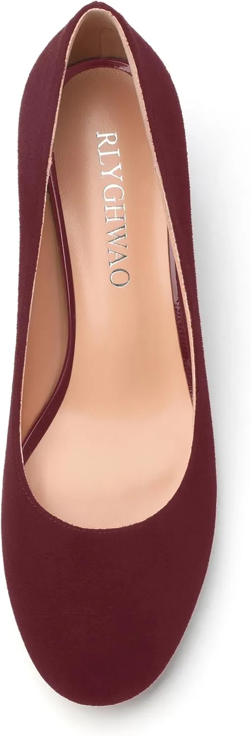 Women's Pumps, Round Closed Toe Low Chunky Heels, Fashion Slip On Comfort Solid Faux Suede Pump Shoes for Women