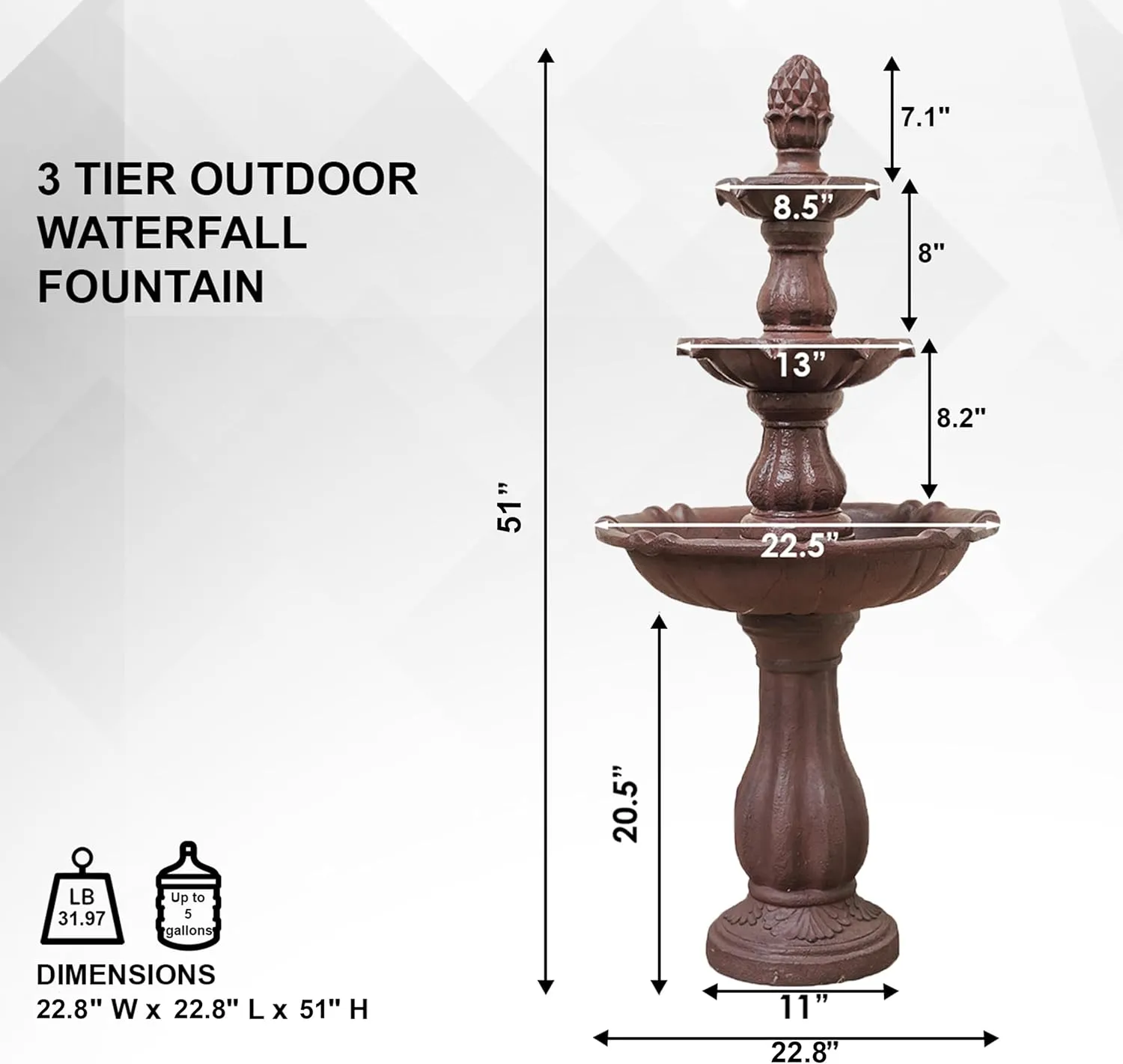 XBrand 3-Tier Water Fountain w/Pump & Pineapple Top, 51 Inch Tall, Brown, Large Outdoor Freestanding Waterfall Decor, Ideal for Garden, Porch, and Lawn