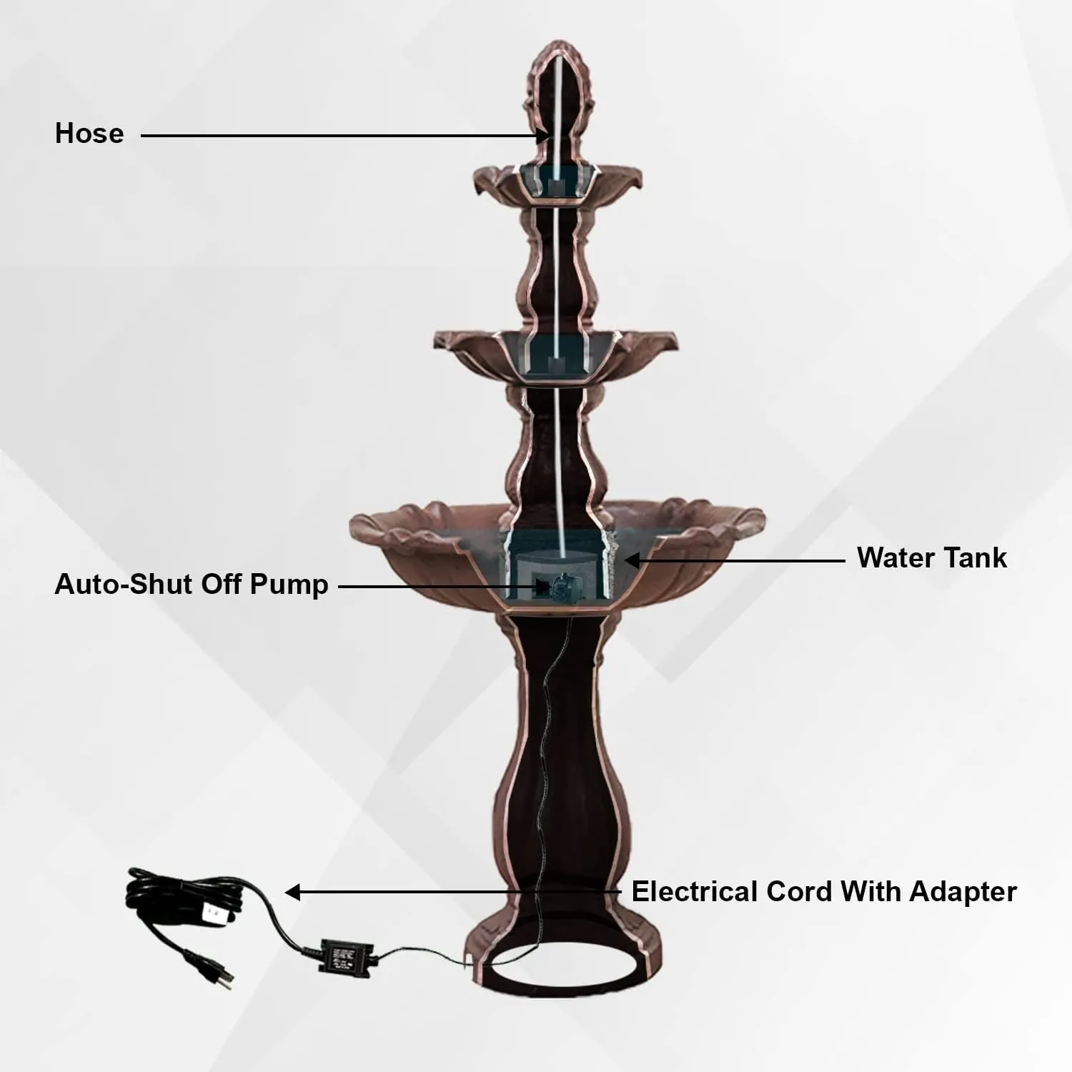 XBrand 3-Tier Water Fountain w/Pump & Pineapple Top, 51 Inch Tall, Brown, Large Outdoor Freestanding Waterfall Decor, Ideal for Garden, Porch, and Lawn