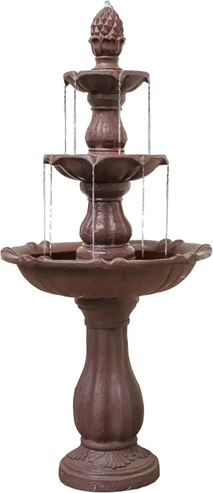 XBrand 3-Tier Water Fountain w/Pump & Pineapple Top, 51 Inch Tall, Brown, Large Outdoor Freestanding Waterfall Decor, Ideal for Garden, Porch, and Lawn