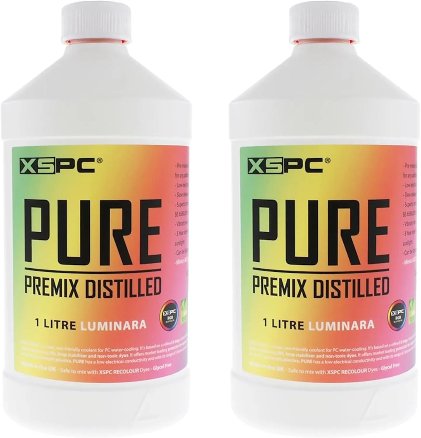 XSPC Pure Premix Distilled PC Coolant, 1 Liter, Luminara, 2-Pack