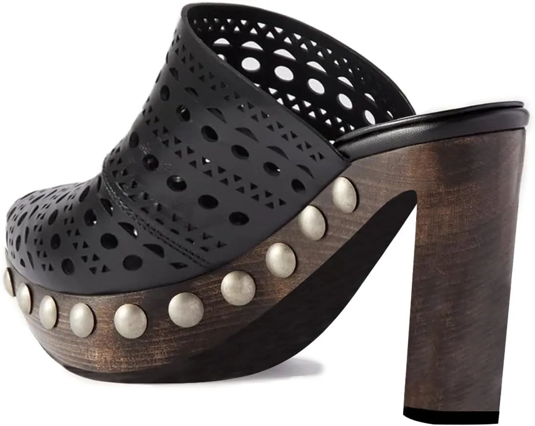 XYD Cork Platform Super High Heels Mules for Women Chunky Block Studded Closed Round Toe Slides Sandals Backless Fashion Dress Club Shoes