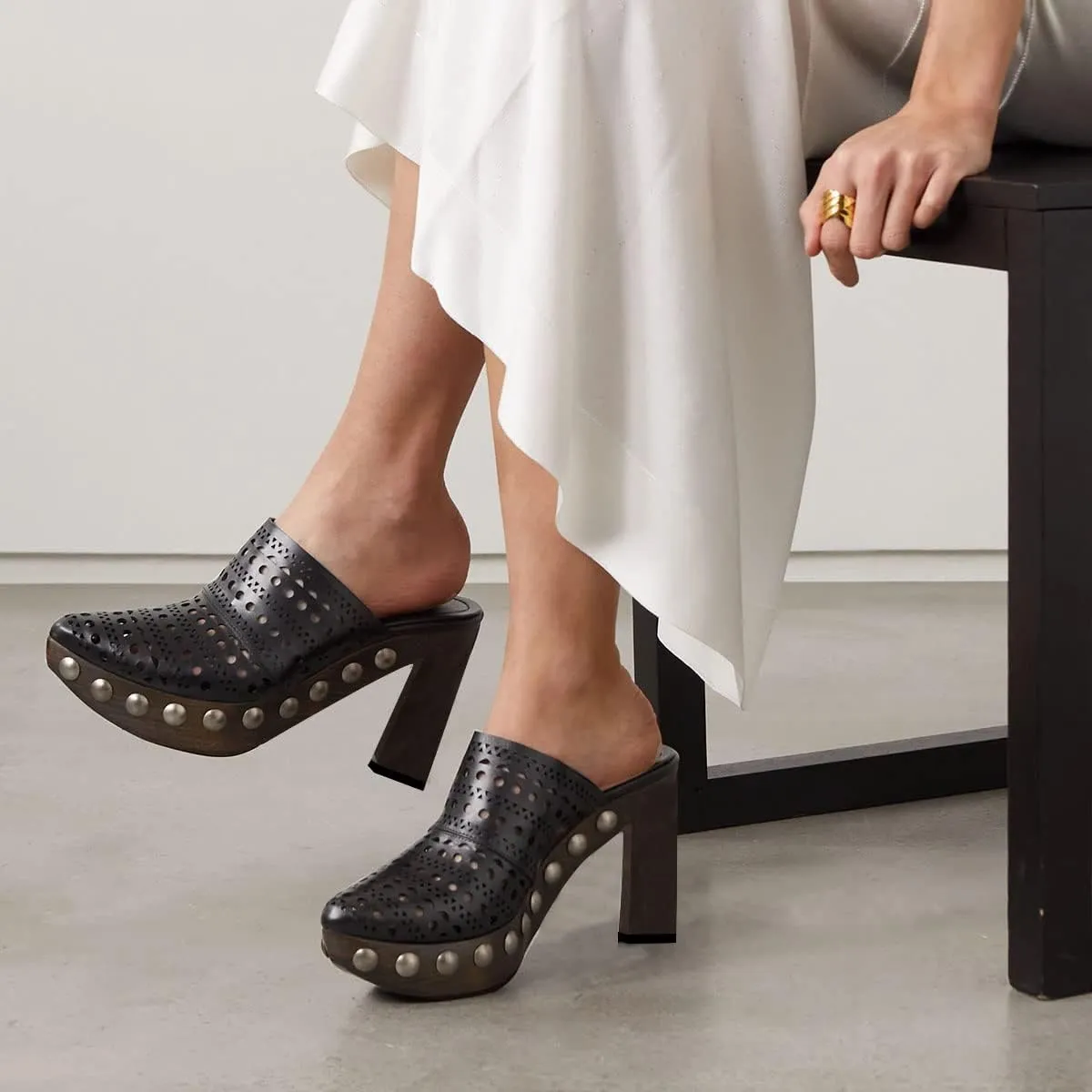 XYD Cork Platform Super High Heels Mules for Women Chunky Block Studded Closed Round Toe Slides Sandals Backless Fashion Dress Club Shoes