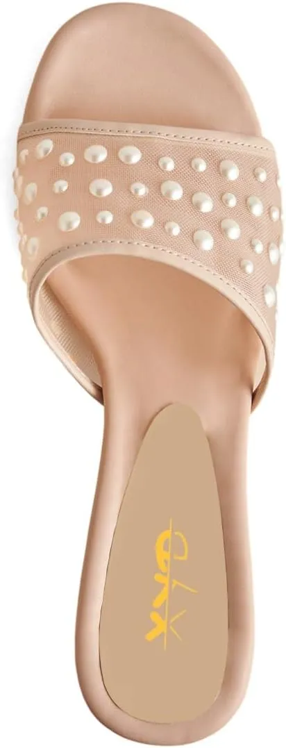 XYD Women Elegant Mesh Pearl Slides Open Toe Slip On Sandals Crystal Low Heel Mules Resort Evening Shoes