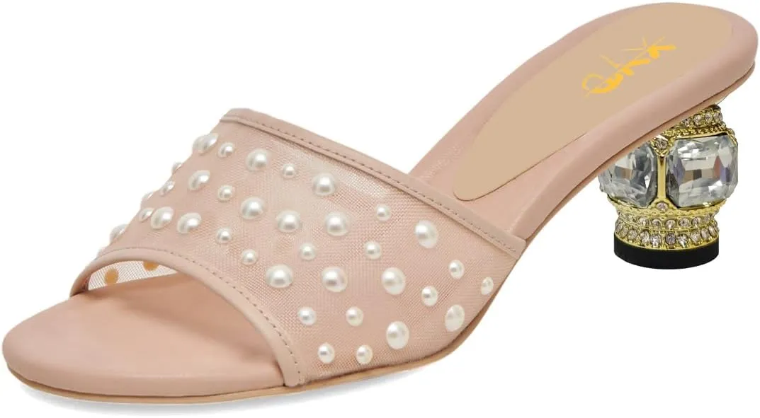 XYD Women Elegant Mesh Pearl Slides Open Toe Slip On Sandals Crystal Low Heel Mules Resort Evening Shoes