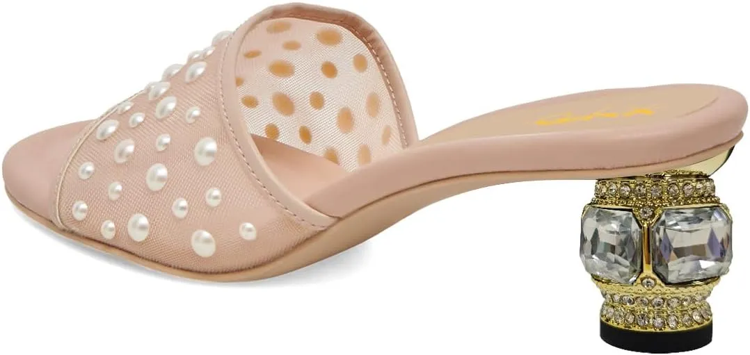 XYD Women Elegant Mesh Pearl Slides Open Toe Slip On Sandals Crystal Low Heel Mules Resort Evening Shoes