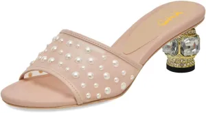 XYD Women Elegant Mesh Pearl Slides Open Toe Slip On Sandals Crystal Low Heel Mules Resort Evening Shoes