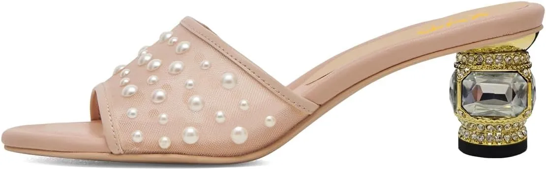 XYD Women Elegant Mesh Pearl Slides Open Toe Slip On Sandals Crystal Low Heel Mules Resort Evening Shoes