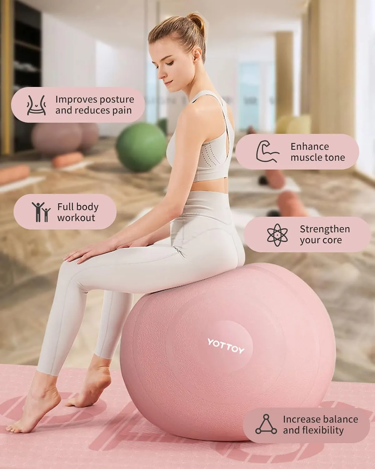 YOTTOY Anti-Burst Exercise Ball for Working Out, Yoga & Pregnancy, Extra Thick Workout Ball for Physical Therapy & Fitness