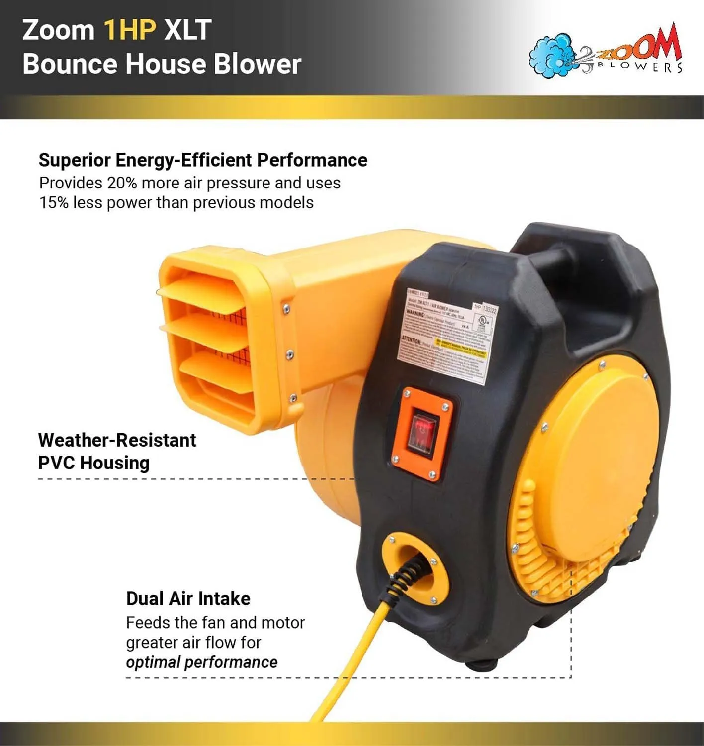 Zoom Blowers XLT Inflatable Bounce House Blower for Bouncy Jump Castle, Water Slides, and Obstacle Course, Electric, Energy Efficient, Low Amp Draw, Commercial-Grade