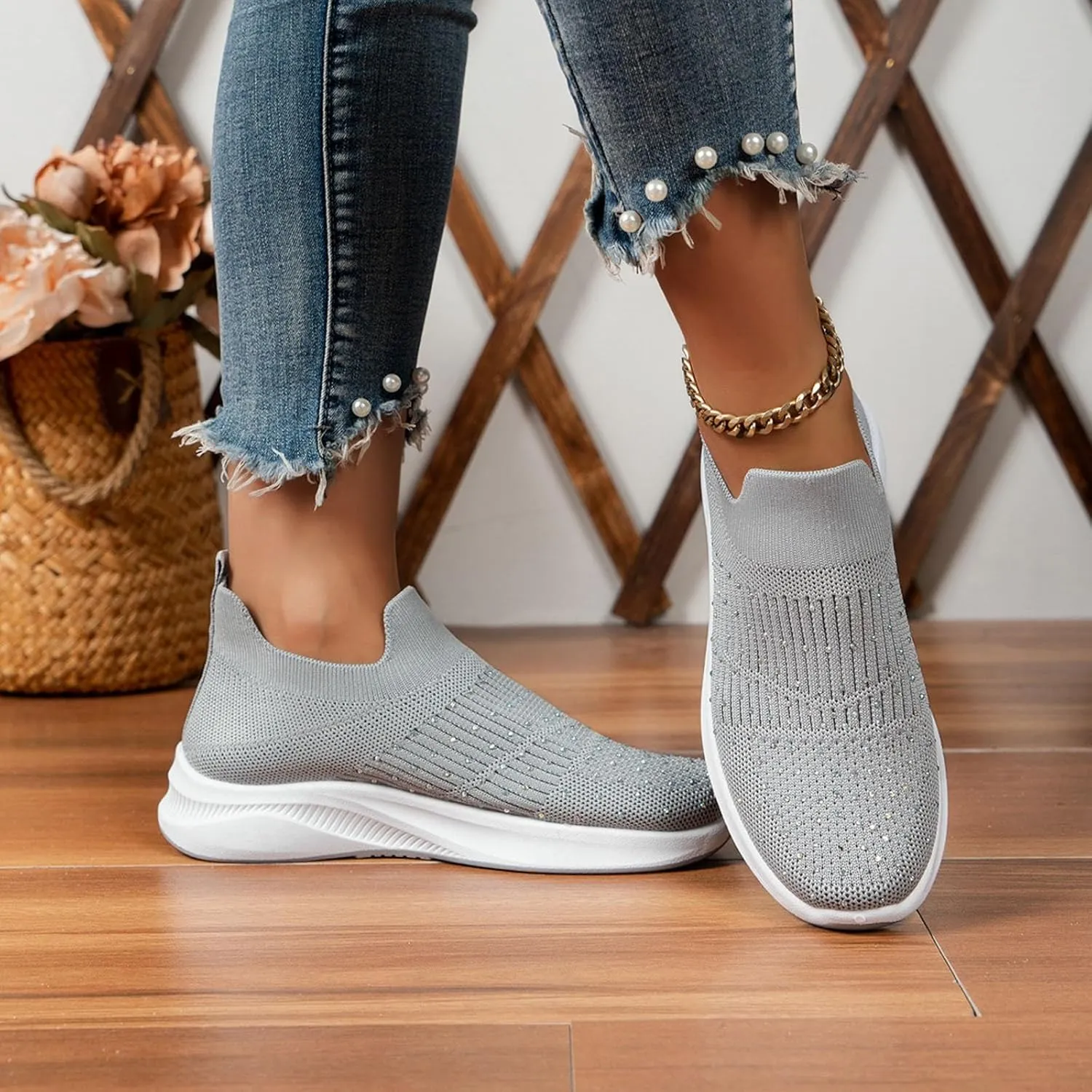 ZSpzx Orthopedic Rhinestones Walking Sneakers for Women Low Top Slip On Cushioned Footbed Ladies Jogging Tennis Sneaker Arch Support Soft Padded Breathable Comfy Shoes Plantar Fasciitis Footwear