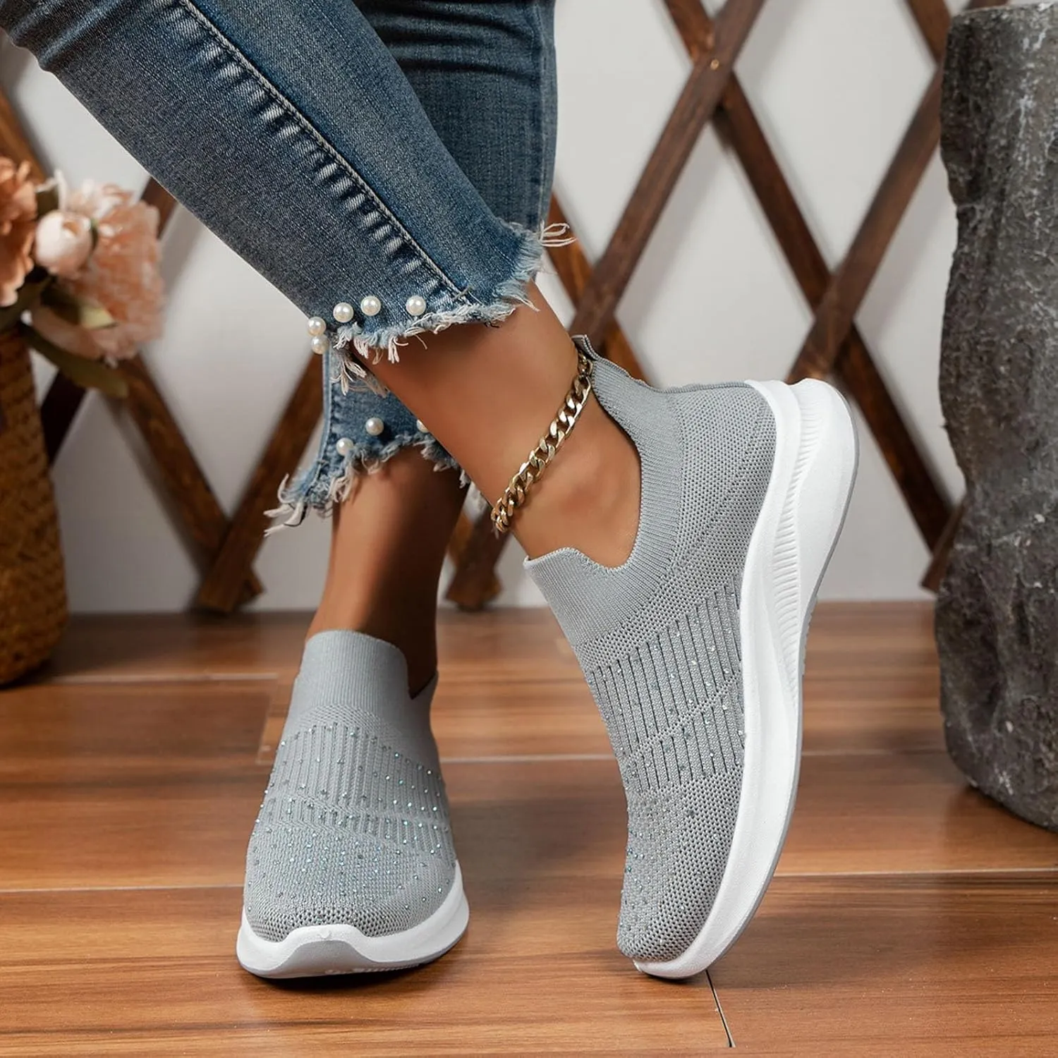 ZSpzx Orthopedic Rhinestones Walking Sneakers for Women Low Top Slip On Cushioned Footbed Ladies Jogging Tennis Sneaker Arch Support Soft Padded Breathable Comfy Shoes Plantar Fasciitis Footwear
